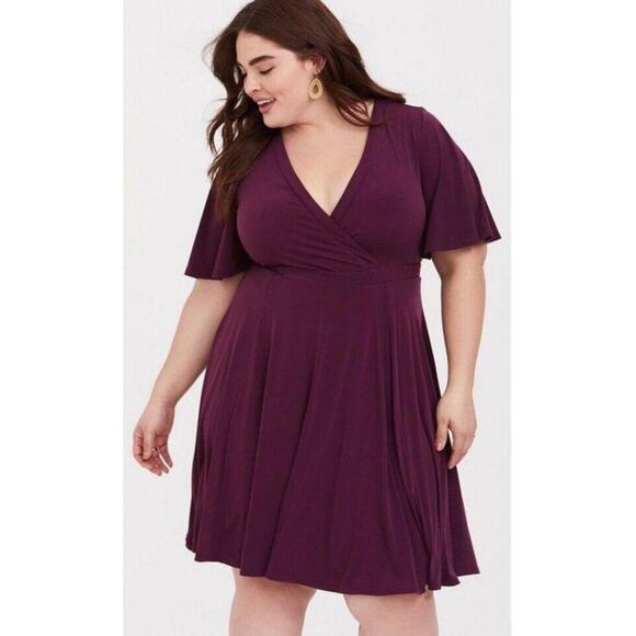 Torrid Womens Plus Size 3 V-Neck Knit Faux Wrap Stretch Short Dress Burgundy Red - Picture 1 of 14